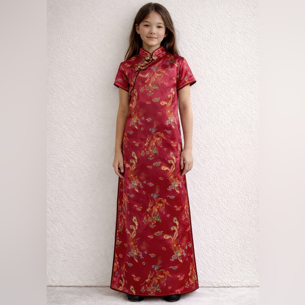 Girls Red Satin Cheongsam Dragon Phoenix Dress New Without Tags